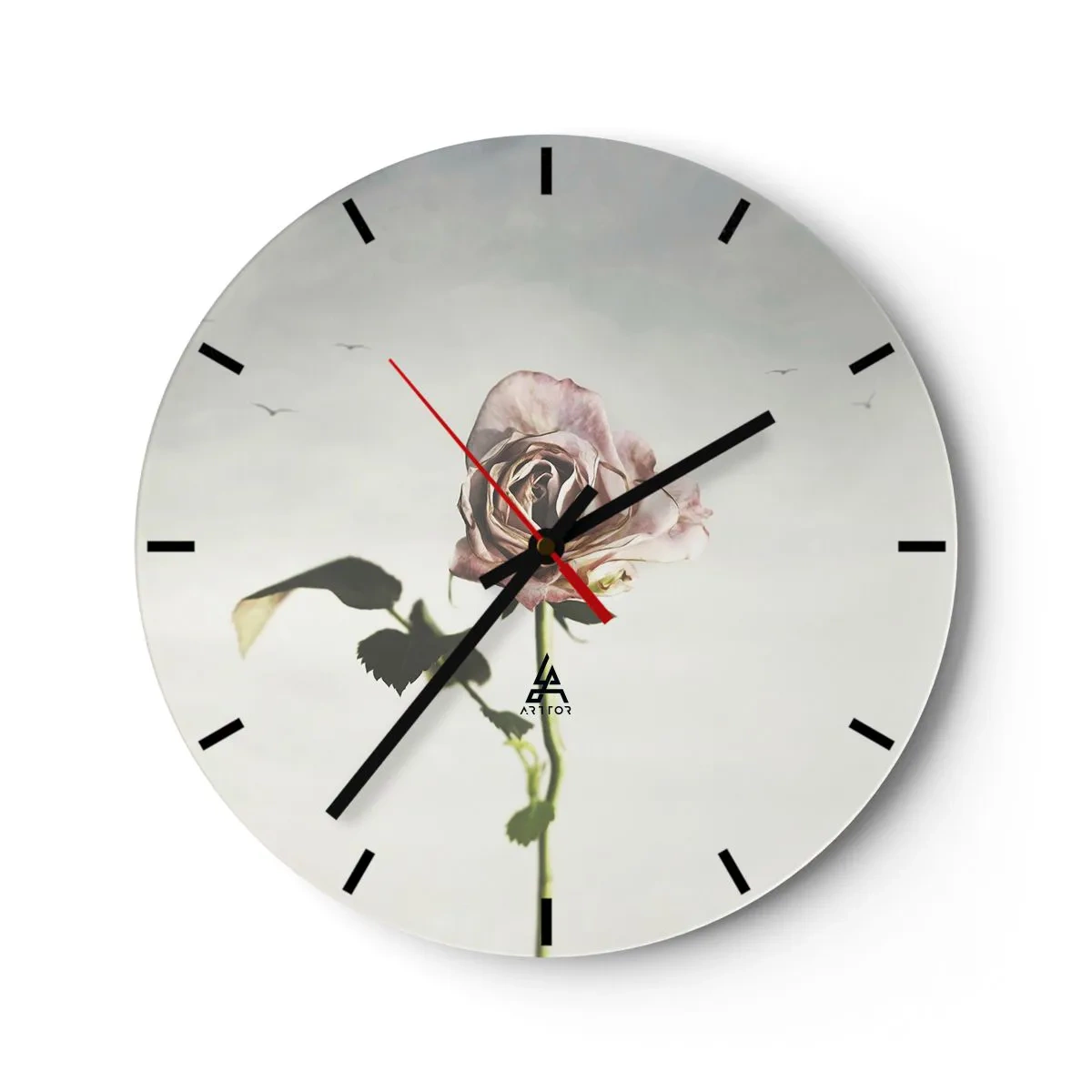Ceas de perete - Ceas pe sticlă - Un trandafir delicat pe un fundal deschis, cu păsări în depărtare - 30x30cm - Primăvara binevenită - Decorațiune modernă pentru perete pentru living, bucătărie și dormitor ARTTOR
