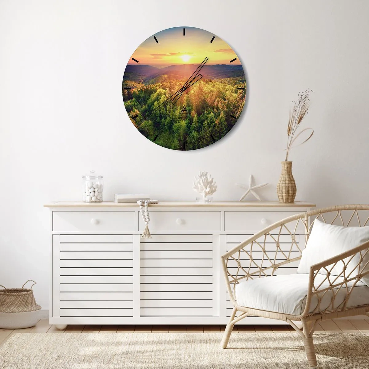 Ceas de perete - Ceas pe sticlă - Peisaj montan cu apusul soarelui și păduri - 30x30cm - Vârfuri și culmi - Decorațiune modernă pentru perete pentru living, bucătărie și dormitor ARTTOR