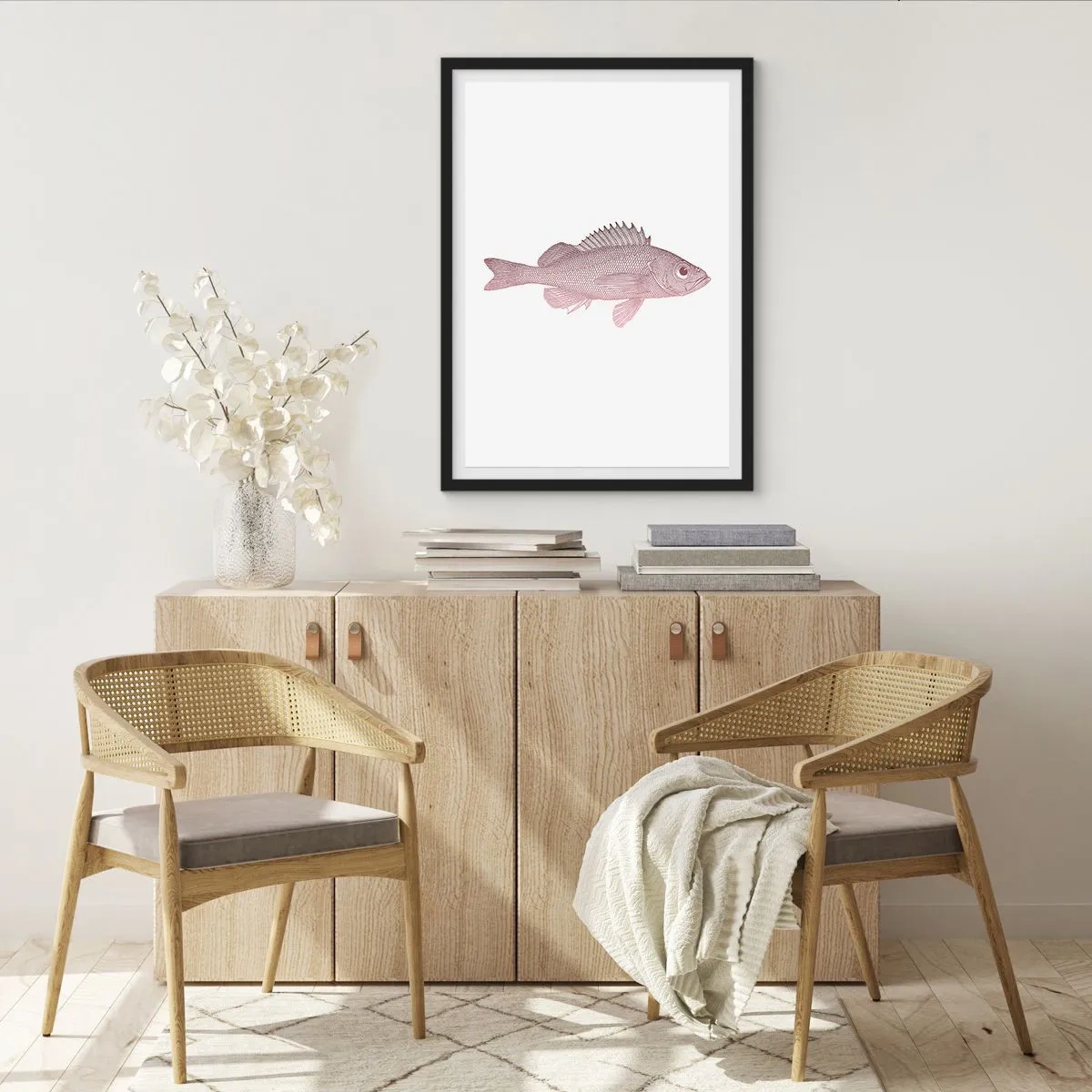 Poster în ramă neagră - Grafică cu pește pe fundal alb, în stil minimalist - 50x70cm - Pește cu ochi mari - Decorațiune modernă pentru perete pentru living și dormitor ARTTOR