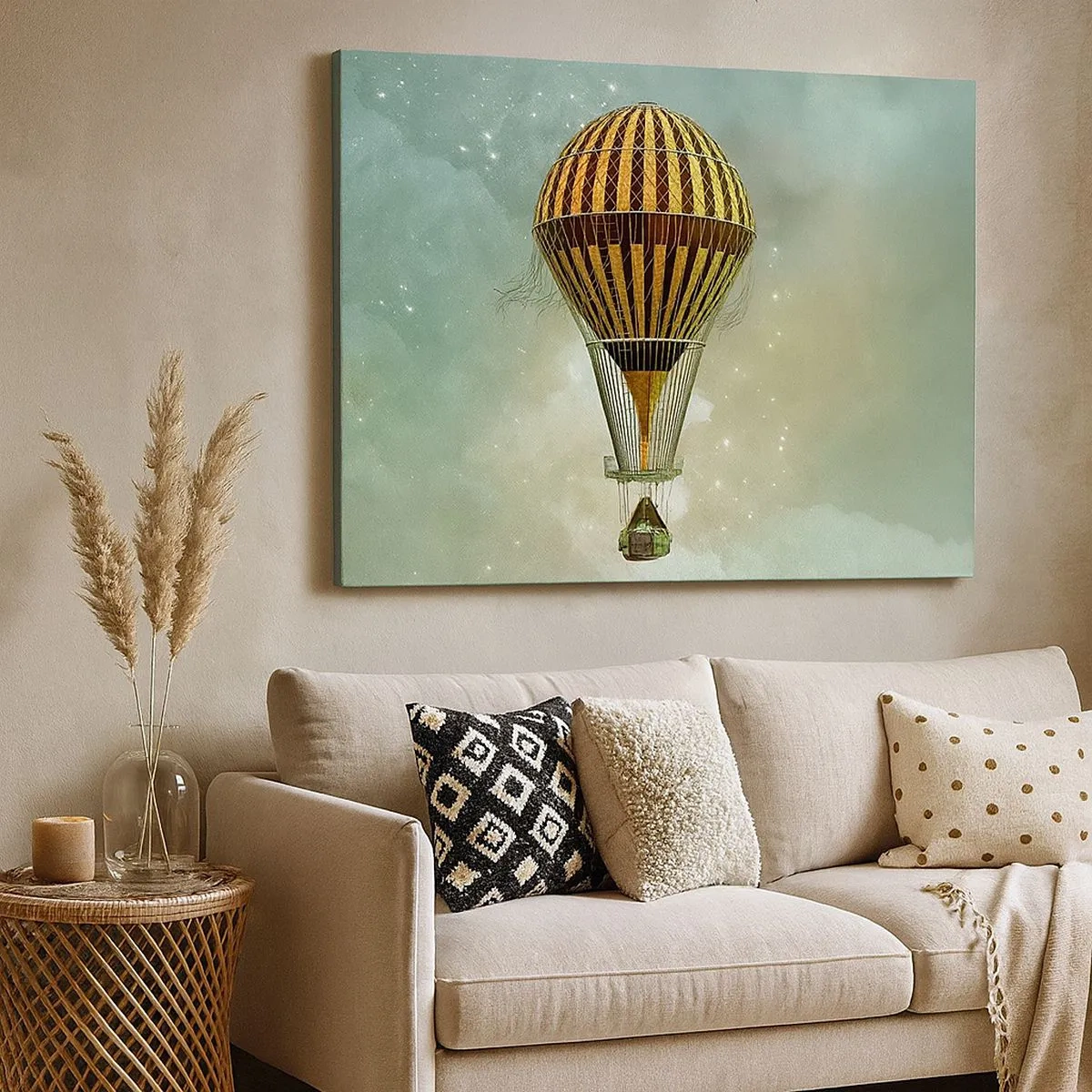 Tablou pe pânză Canvas - Un balon cu aer cald plutind printre nori - 70x50cm - Zboruri de pionierat - Decorațiune modernă pentru perete pentru living și dormitor ARTTOR