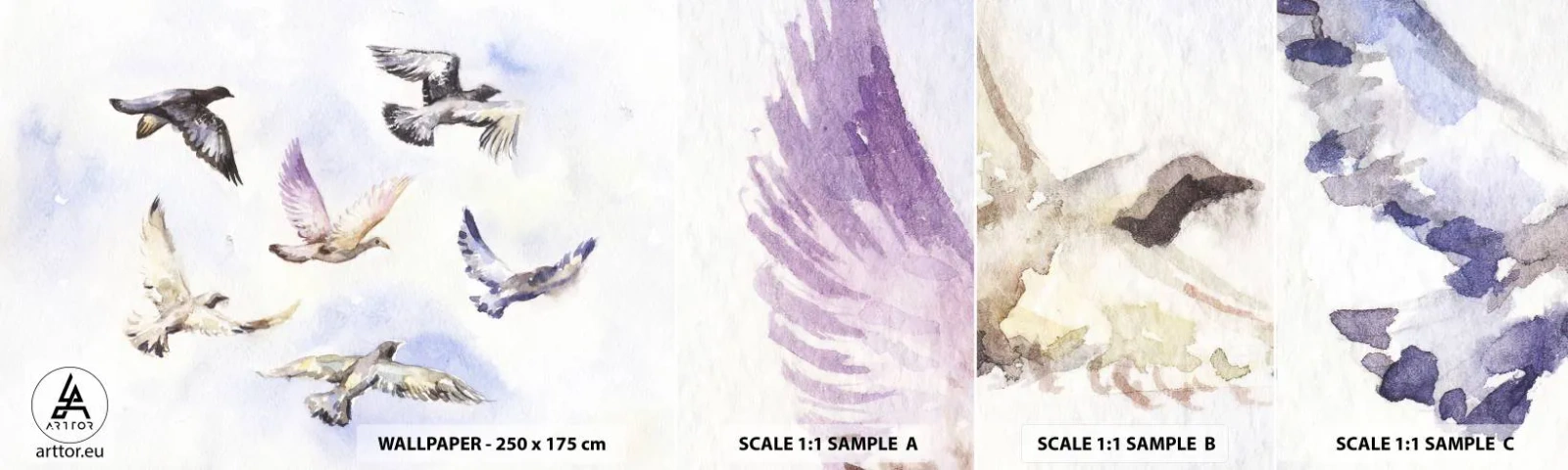 Mostră tapet autocolant Deluxe Sticker - Libertatea în gri și albastru - Păsări, Grafică, Bucată - 100x30 cm