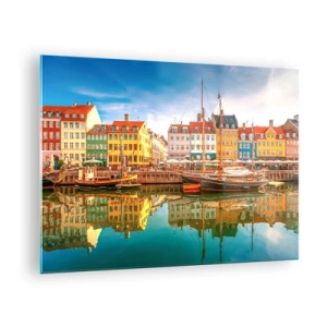 Tablou pe sticlă - Case colorate pe canal cu reflexii în apă - 70x50cm - Spre o apă netedă ca o oglindă - Decorațiune modernă pentru perete pentru living și dormitor ARTTOR