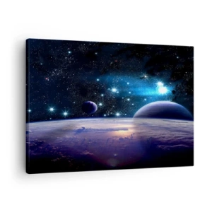 Tablou pe pânză Canvas - O vedere a spațiului cosmic cu planete și stele - 70x50cm - Tot singuri? - Decorațiune modernă pentru perete pentru living și dormitor ARTTOR