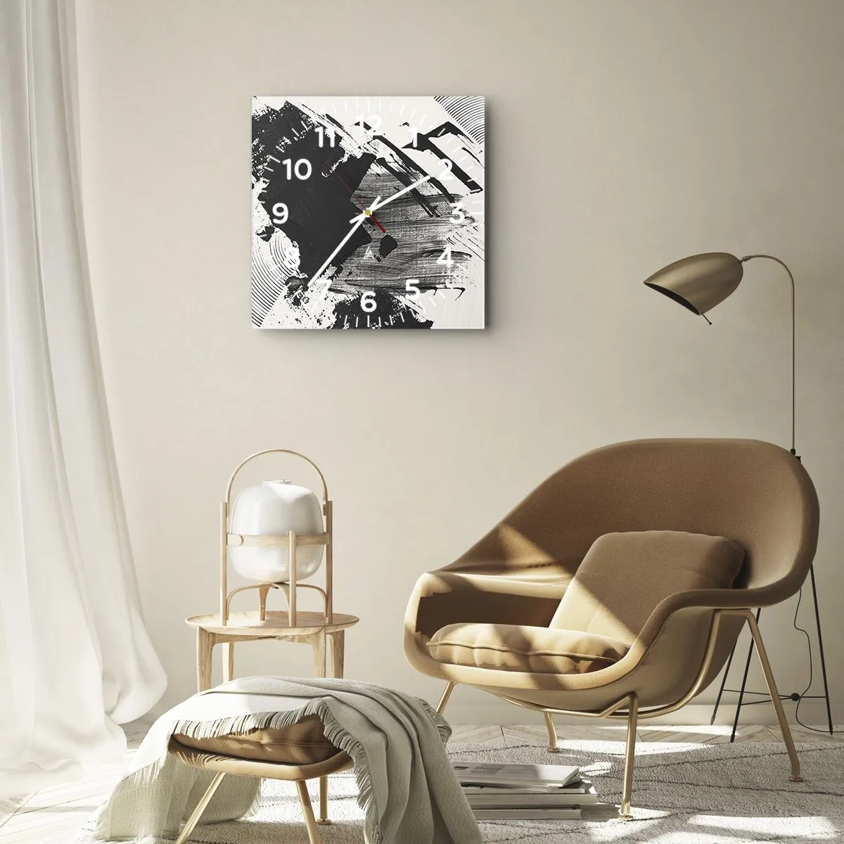 Ceas de perete - Ceas pe sticlă - Abstracție - expresie de negru - 30x30 cm