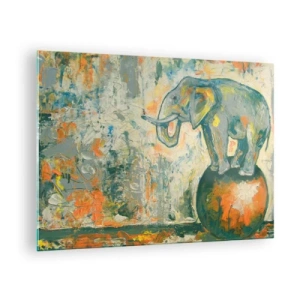 Tablou pe sticlă - Elefant abstract care se echilibrează pe o minge - 70x50cm - Trăiască circul! - Decorațiune modernă pentru perete pentru living și dormitor ARTTOR