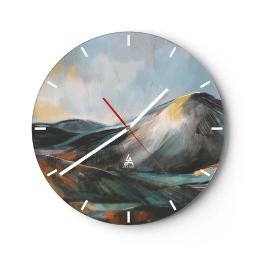 Ceas de perete - Ceas pe sticlă - Un peisaj montan pitoresc în culori calde - 30x30cm - Dure și frumoase - Decorațiune modernă pentru perete pentru living, bucătărie și dormitor ARTTOR