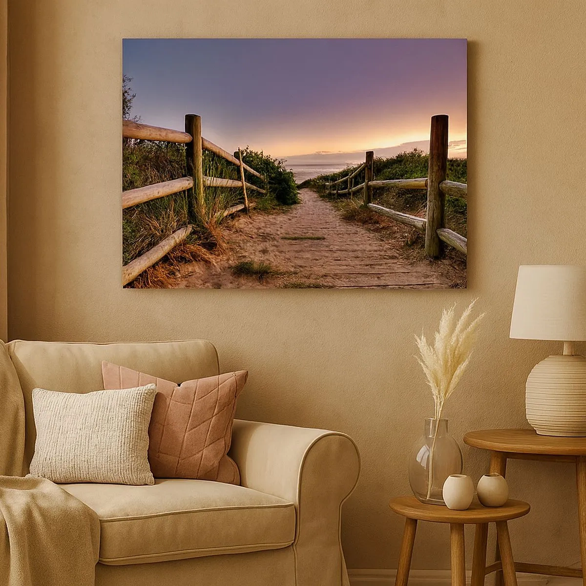Tablou pe pânză Canvas - Cale de lemn printre dune care duce la plajă la apus - 70x50cm - Deja se vede ținta - Decorațiune modernă pentru perete pentru living și dormitor ARTTOR