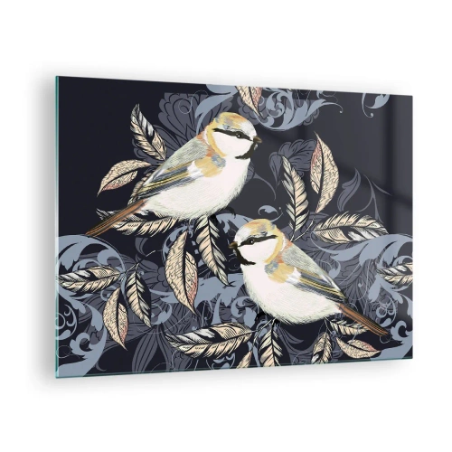 Tablou pe sticlă - Ilustrație a două păsări pe un fundal întunecat cu ornamente - 70x50cm - Ciripirile galben-albastru - Decorațiune modernă pentru perete pentru living și dormitor ARTTOR