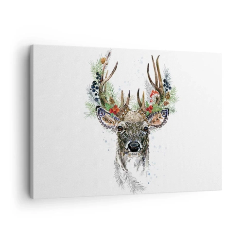 Tablou pe pânză Canvas - Cerb stilizat cu coarne decorative pe fundal alb - 70x50cm - În ținută festivă - Decorațiune modernă pentru perete pentru living și dormitor ARTTOR