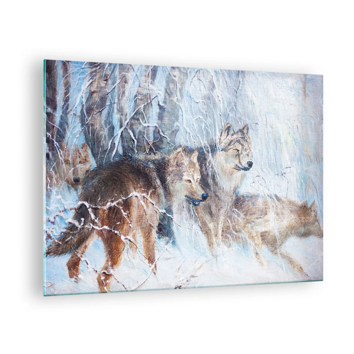 Tablou pe sticlă - Trei lupi într-o pădure de iarnă înconjurată de zăpadă - 70x50cm - Atenție! Vine... - Decorațiune modernă pentru perete pentru living și dormitor ARTTOR