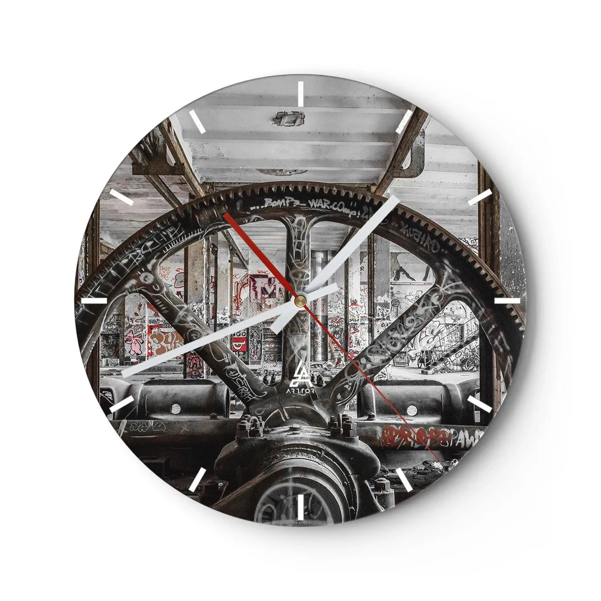 Ceas de perete - Ceas pe sticlă - Un motiv industrial cu elemente de utilaje și graffiti. - 30x30cm - Viața secretă a unei fabrici - Decorațiune modernă pentru perete pentru living, bucătărie și dormitor ARTTOR
