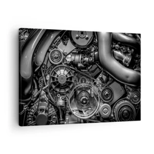 Tablou pe pânză Canvas - Prim-plan alb-negru al detaliilor mecanice ale unui motor de mașină. - 70x50cm - Poezia mecanicii - Decorațiune modernă pentru perete pentru living și dormitor ARTTOR