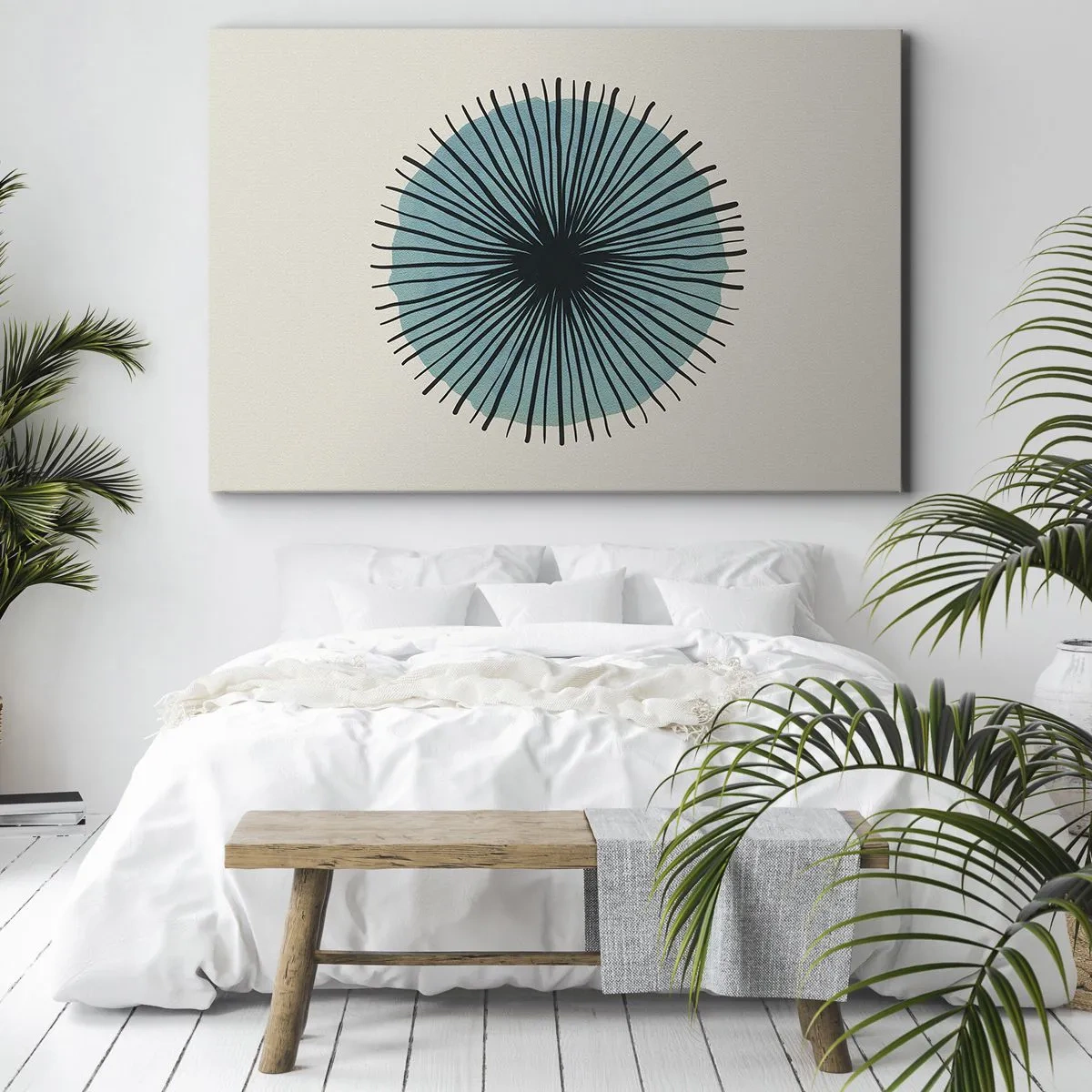 Tablou pe pânză Canvas - Formă circulară abstractă cu raze albastre - 70x50cm - Radiant pe albastru - Decorațiune modernă pentru perete pentru living și dormitor ARTTOR
