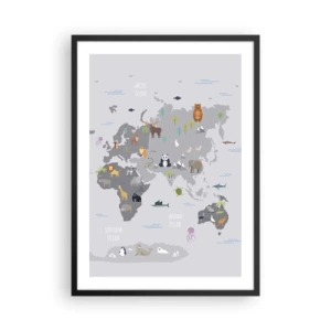 Poster în ramă neagră - Hartă a lumii cu animale colorate pentru copii - 50x70cm - Spune-mi de unde ești... - Decorațiune modernă pentru perete pentru living și dormitor ARTTOR