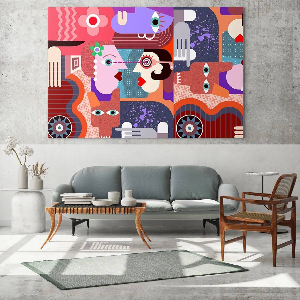 Tablou pe sticlă - O compoziție abstractă de fețe și forme în culori intense. - 70x50cm - Ochi în ochi - Decorațiune modernă pentru perete pentru living și dormitor ARTTOR