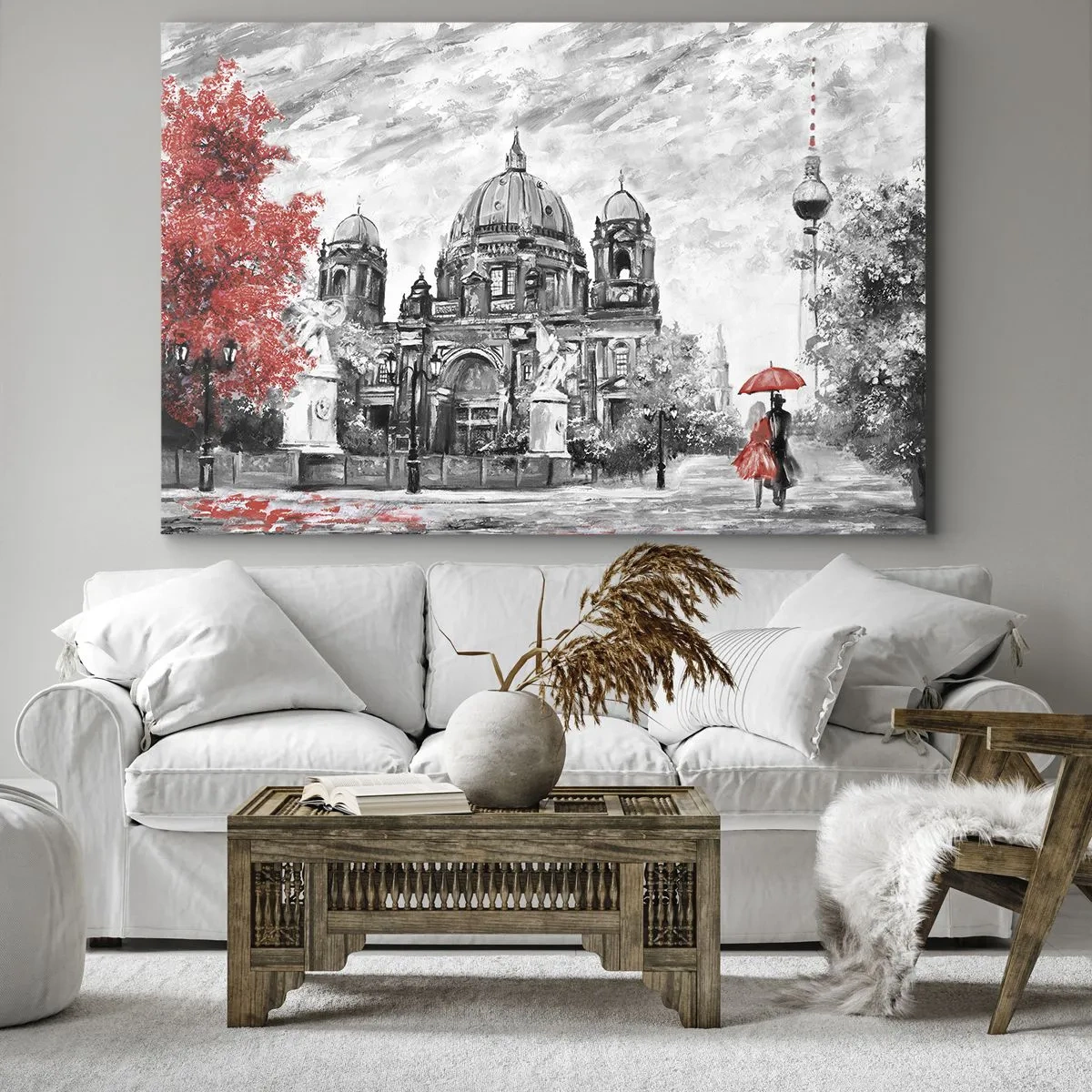 Tablou pe pânză Canvas - Scenă alb-negru cu Berlin, o umbrelă roșie și un copac - 70x50cm - Reuniune în Berlin - Decorațiune modernă pentru perete pentru living și dormitor ARTTOR