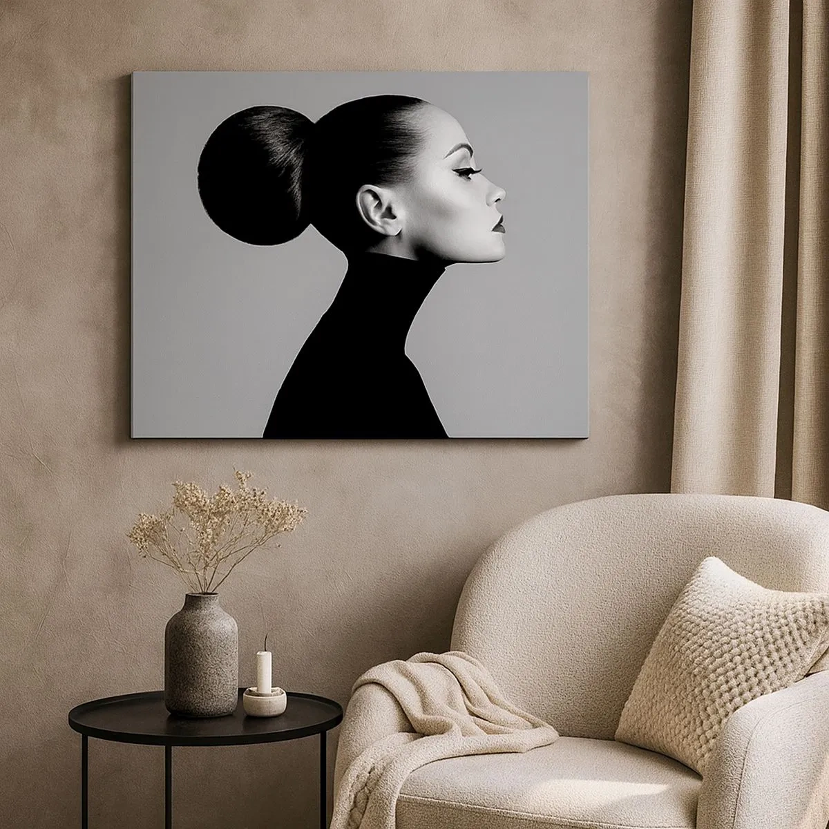 Tablou pe pânză Canvas - Profilul unei femei în alb și negru cu un coc elegant - 70x50cm - Nefertiti contemporană - Decorațiune modernă pentru perete pentru living și dormitor ARTTOR