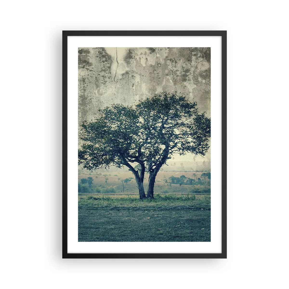 Poster în ramă neagră - Un copac singuratic într-un peisaj rustic - 50x70cm - Un măr pe o pajiște albastră? - Decorațiune modernă pentru perete pentru living și dormitor ARTTOR