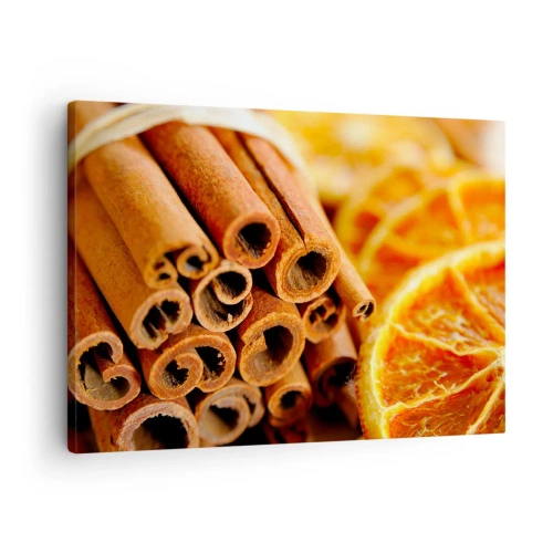 Tablou pe pânză Canvas - Bețișoare de scorțișoară cu felii de portocală uscate în culori calde - 70x50cm - Poți să le simți aroma? - Decorațiune modernă pentru perete pentru living și dormitor ARTTOR