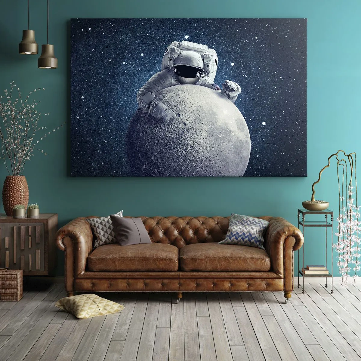 Tablou pe pânză Canvas - Astronautul ține luna pe un cer înstelat - 70x50cm - Glumeț spațial - Decorațiune modernă pentru perete pentru living și dormitor ARTTOR