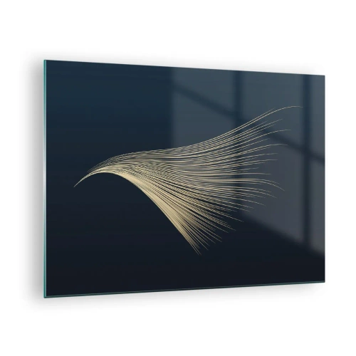 Tablou pe sticlă - O linie aurie care seamănă cu o aripă pe un fundal bleumarin - 70x50cm - Ca părul unui înger - Decorațiune modernă pentru perete pentru living și dormitor ARTTOR