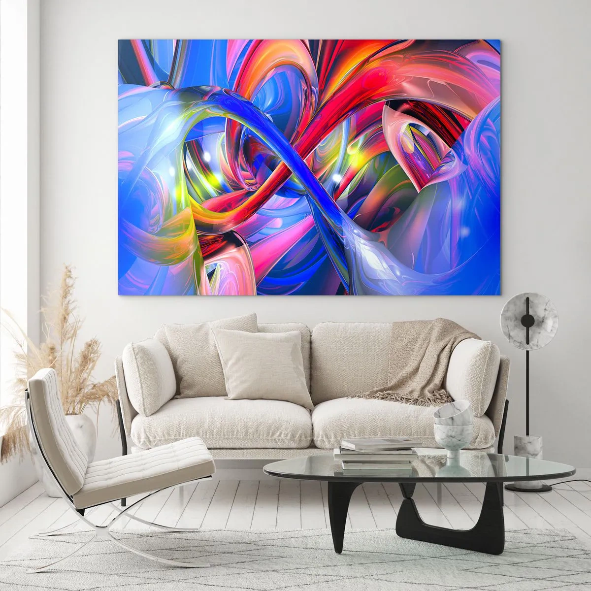 Tablou pe sticlă - Linii abstracte, colorate și dinamică energetică - 70x50cm - Dansul culorilor - Decorațiune modernă pentru perete pentru living și dormitor ARTTOR
