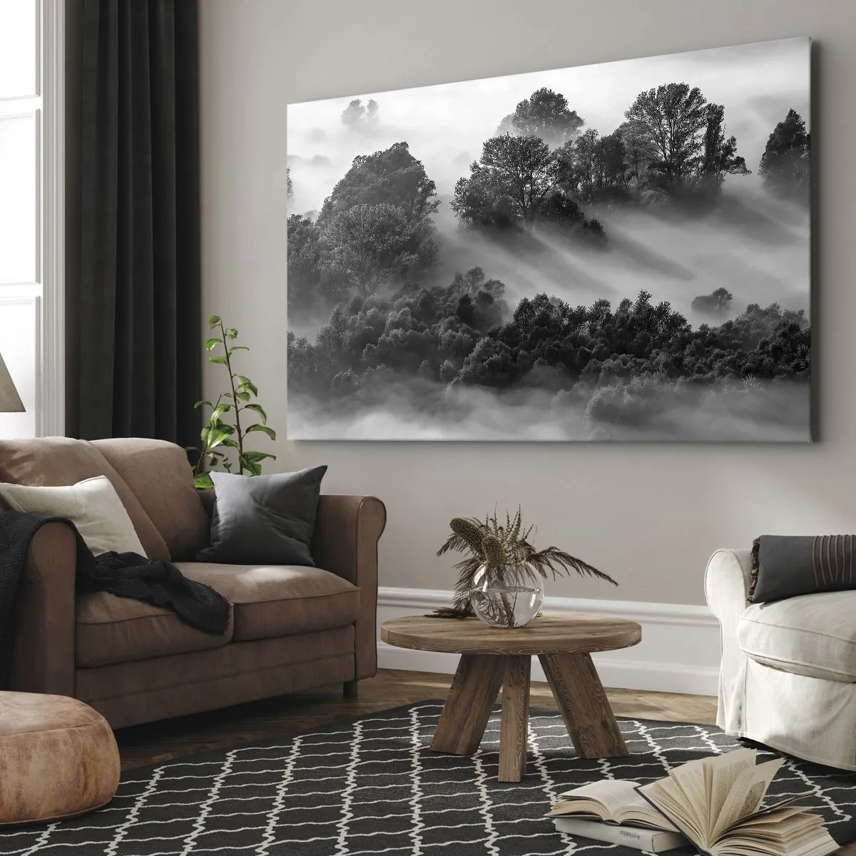 Tablou pe pânză Canvas - Peisaj de pădure alb-negru în ceața dimineții - 70x50cm - Trezindu-se din somn - Decorațiune modernă pentru perete pentru living și dormitor ARTTOR