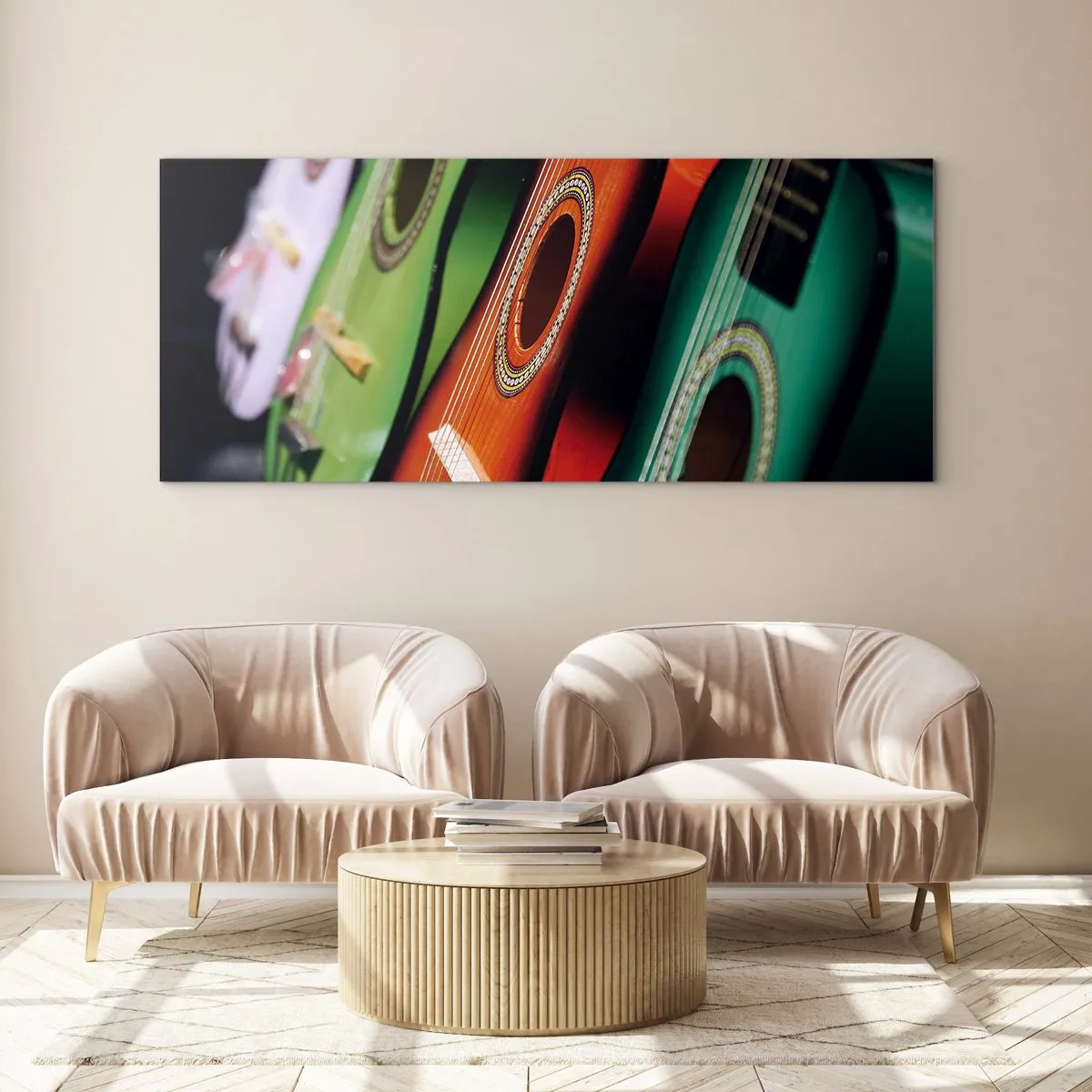 Tablou pe sticlă - Chitara are multe culori - 100x40 cm