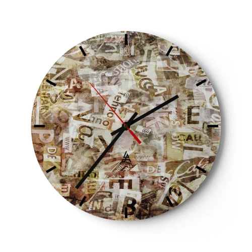 Ceas de perete - Ceas pe sticlă - Compoziție abstractă cu litere în nuanțe de bej și maro - 30x30cm - Îi unesc pe cei care stau la taclale - Decorațiune modernă pentru perete pentru living, bucătărie și dormitor ARTTOR
