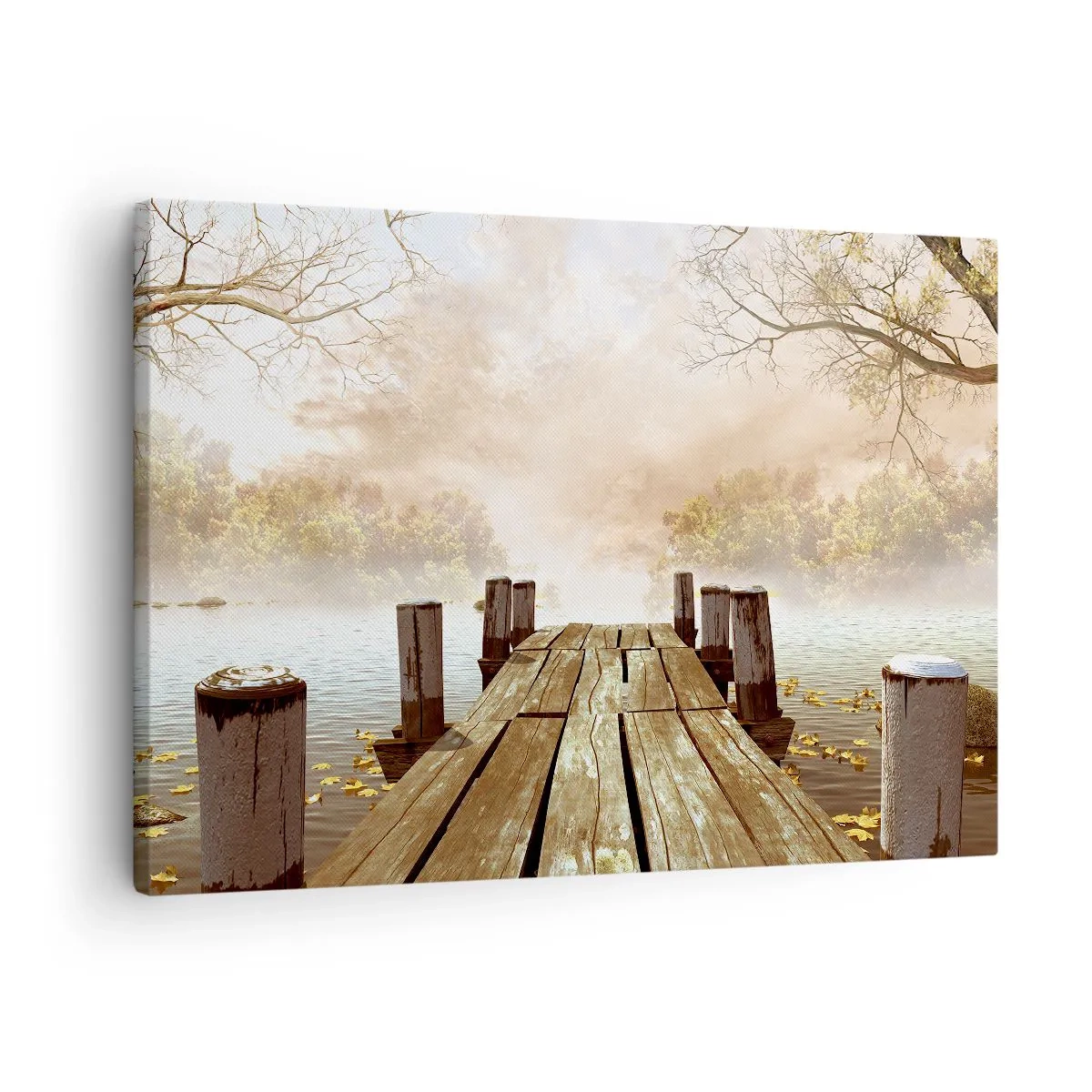Tablou pe pânză Canvas - Un dig de lemn care duce spre un lac liniștit în ceața dimineții - 70x50cm - Tristețea blândă a toamnei - Decorațiune modernă pentru perete pentru living și dormitor ARTTOR