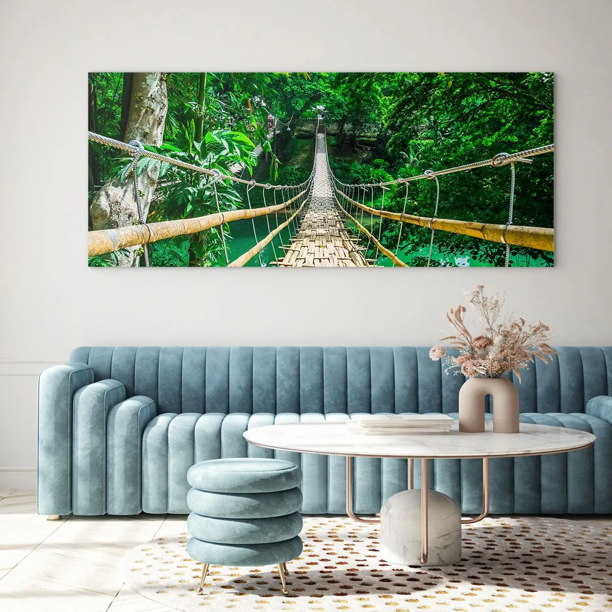 Tablou pe sticlă - Pod de maimuțe peste verdeață - 90x30 cm