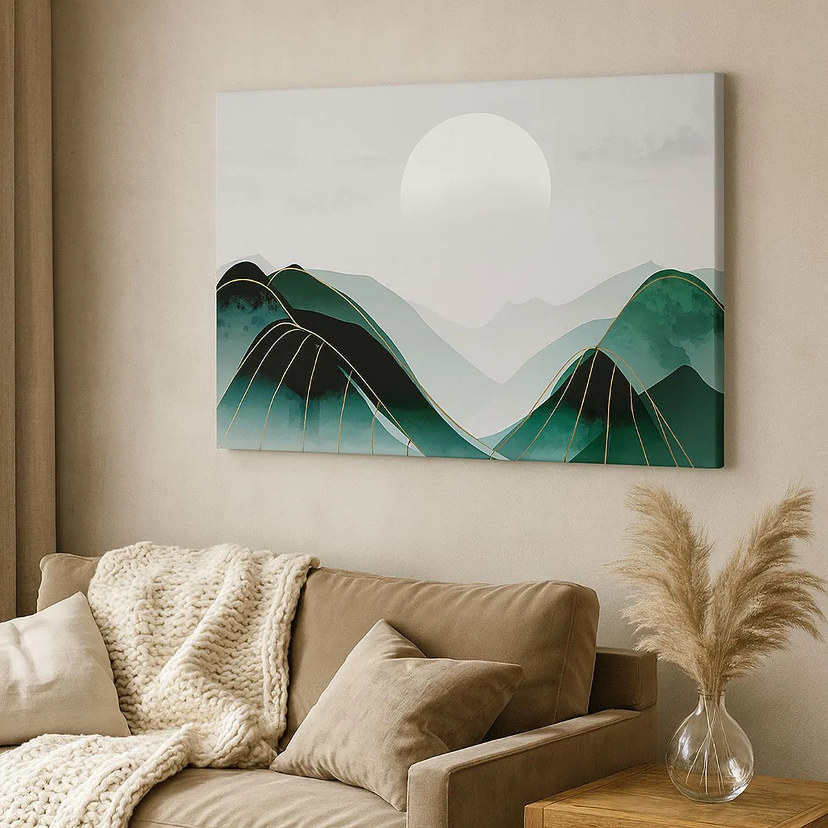 Tablou pe pânză Canvas - Peisaj montan abstract cu lună și linii aurii - 70x50cm - Măreție deplină - Decorațiune modernă pentru perete pentru living și dormitor ARTTOR