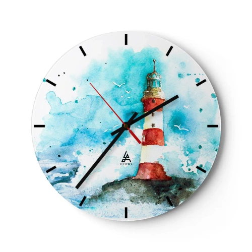 Ceas de perete - Ceas pe sticlă - Un far pe fundalul unui cer în acuarelă - 30x30cm - Unitatea forțelor naturii - Decorațiune modernă pentru perete pentru living, bucătărie și dormitor ARTTOR