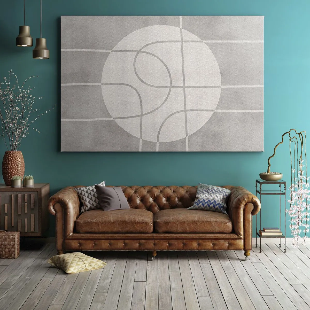 Tablou pe pânză Canvas - Model geometric în nuanțe de gri și alb - 70x50cm - Circular și drept înainte - Decorațiune modernă pentru perete pentru living și dormitor ARTTOR