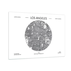 Tablou pe sticlă - O hartă minimalistă alb-negru a orașului Los Angeles. - 70x50cm - Anatomia Los Angeles - Decorațiune modernă pentru perete pentru living și dormitor ARTTOR