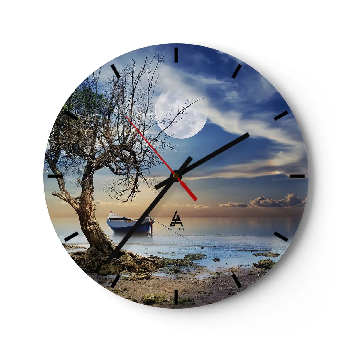 Ceas de perete - Ceas pe sticlă - O barcă pe țărm cu luna în fundal - 30x30cm - Este acesta sfârșitul sau începutul? - Decorațiune modernă pentru perete pentru living, bucătărie și dormitor ARTTOR