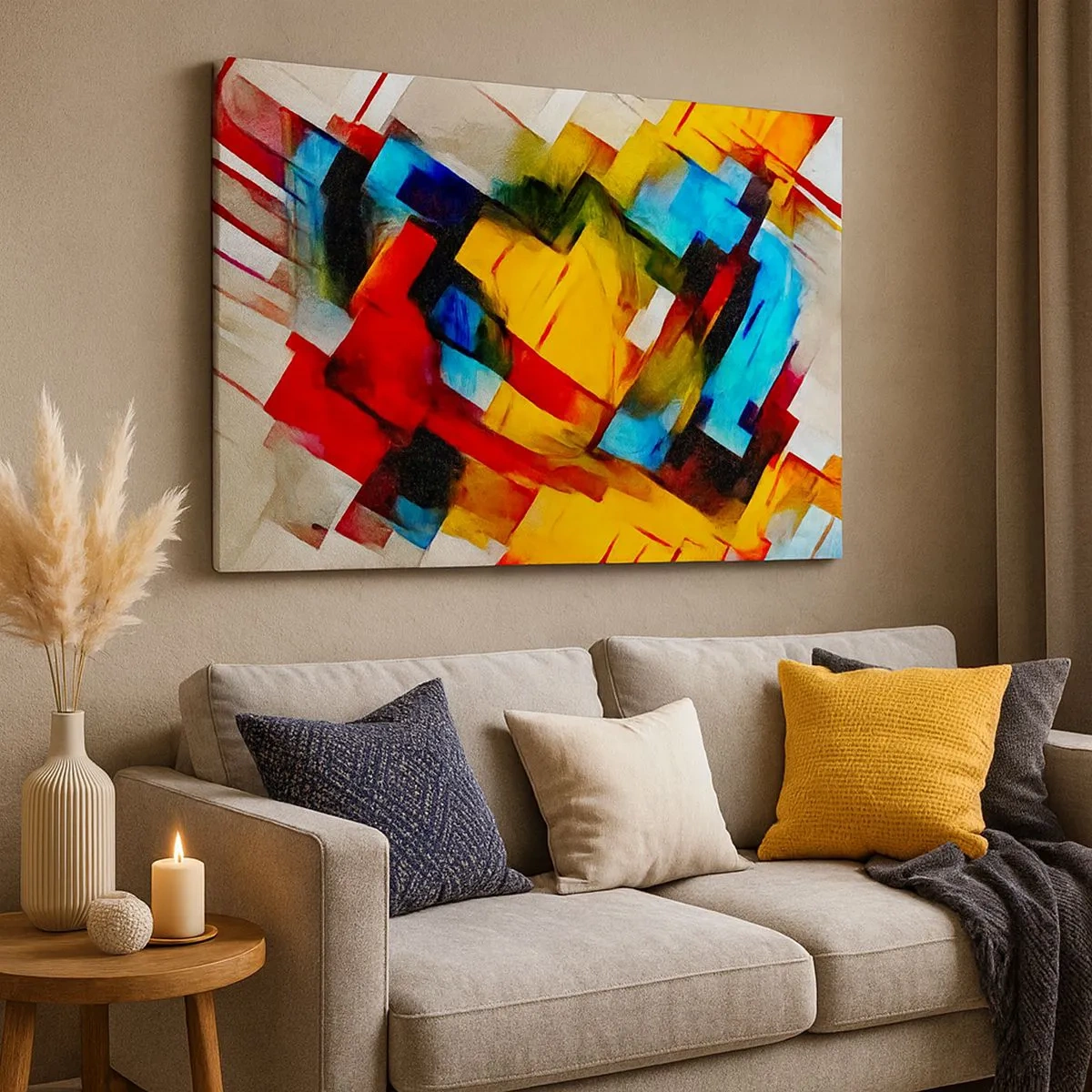 Tablou pe pânză Canvas - Compoziție geometrică abstractă în culori vii - 70x50cm - Sandviș multicolor - Decorațiune modernă pentru perete pentru living și dormitor ARTTOR