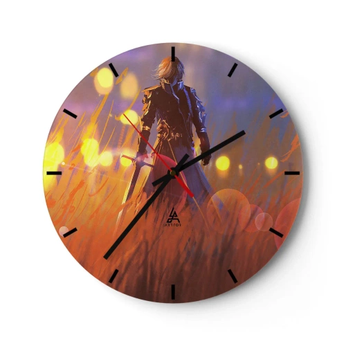 Ceas de perete - Ceas pe sticlă - Figura unui cavaler pe fundalul unui apus luminos - 30x30cm - Cavalerul greșit - Decorațiune modernă pentru perete pentru living, bucătărie și dormitor ARTTOR