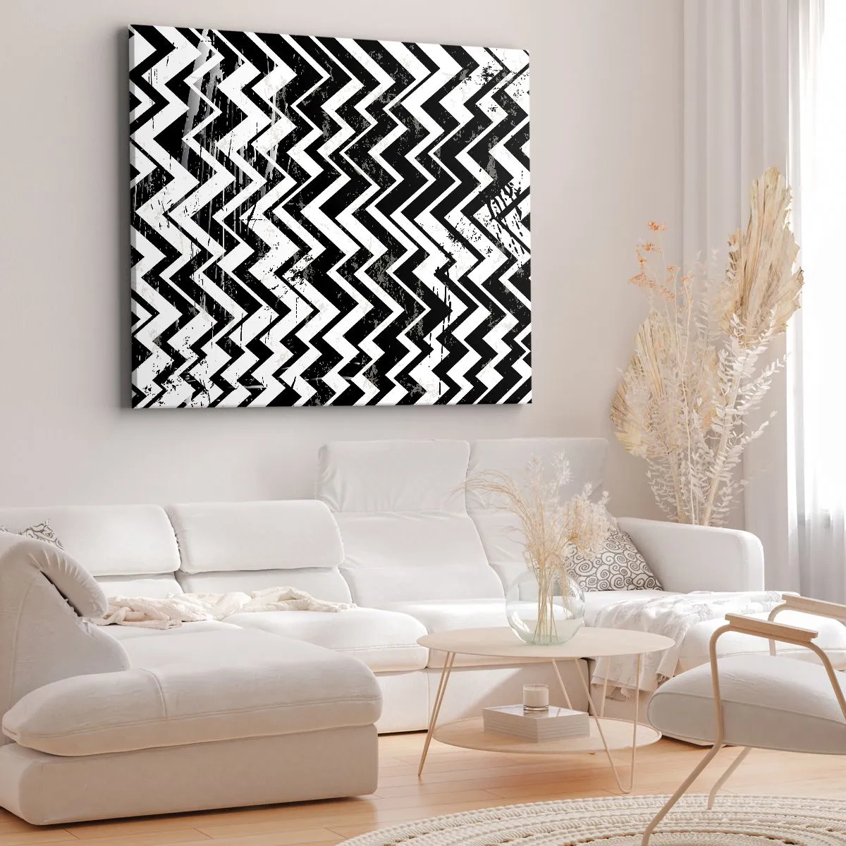 Tablou pe pânză Canvas - Model în zig-zag alb-negru cu abraziuni artistice - 70x50cm - Zig-alb, zag-negru - Decorațiune modernă pentru perete pentru living și dormitor ARTTOR