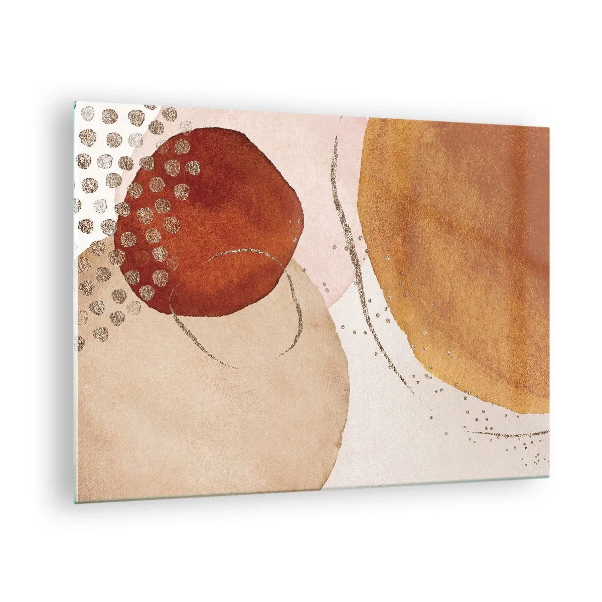 Tablou pe sticlă - Cercuri abstracte în nuanțe de bej, cupru și auriu - 70x50cm - Rotunjime și mișcare - Decorațiune modernă pentru perete pentru living și dormitor ARTTOR