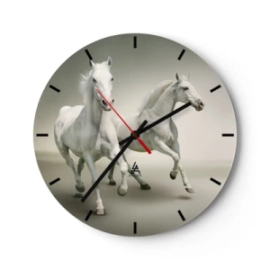 Ceas de perete - Ceas pe sticlă - Doi cai albi alergând pe un fundal luminos - 30x30cm - White power! - Decorațiune modernă pentru perete pentru living, bucătărie și dormitor ARTTOR