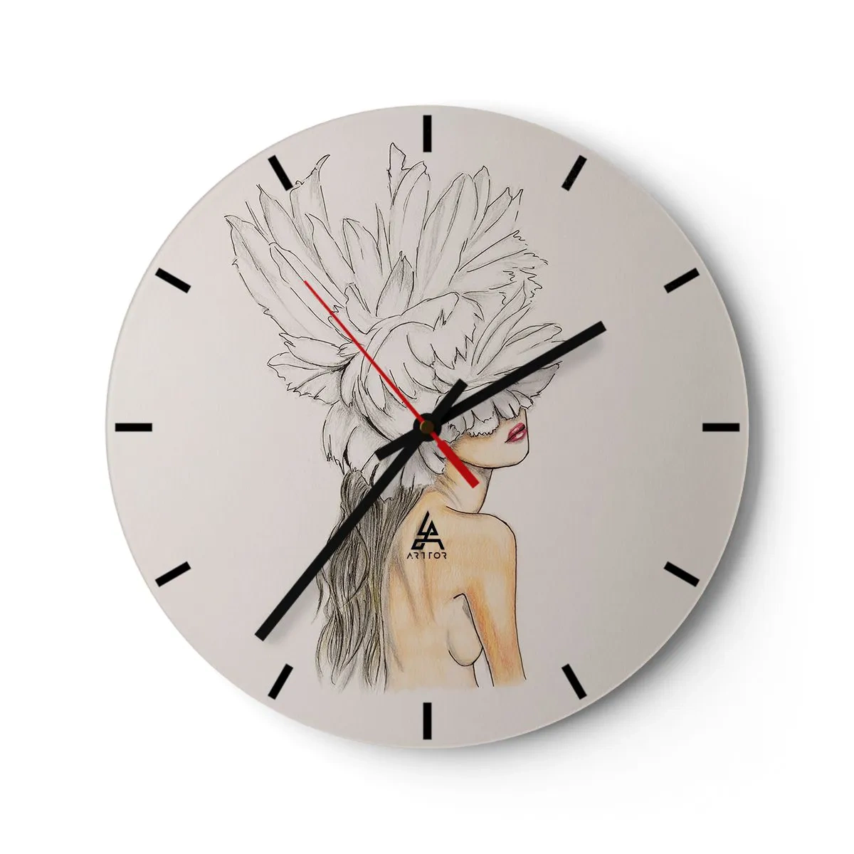 Ceas de perete - Ceas pe sticlă - Portretul unei femei cu un pană care îi acoperă ochii - 30x30cm - Frumusețe încoronată - Decorațiune modernă pentru perete pentru living, bucătărie și dormitor ARTTOR