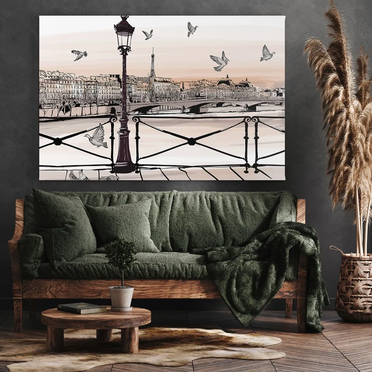 Tablou pe pânză Canvas - Vedere pariziană cu un felinar și un pod - 70x50cm - Deasupra acoperișurilor Parisului - Decorațiune modernă pentru perete pentru living și dormitor ARTTOR