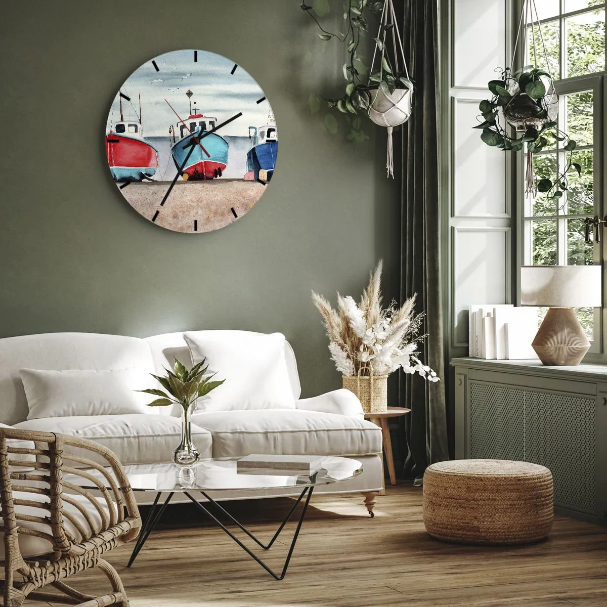 Ceas de perete - Ceas pe sticlă - Bărci de pescuit colorate pe țărm într-un cadru pitoresc - 30x30cm - Gata pentru pescuit - Decorațiune modernă pentru perete pentru living, bucătărie și dormitor ARTTOR