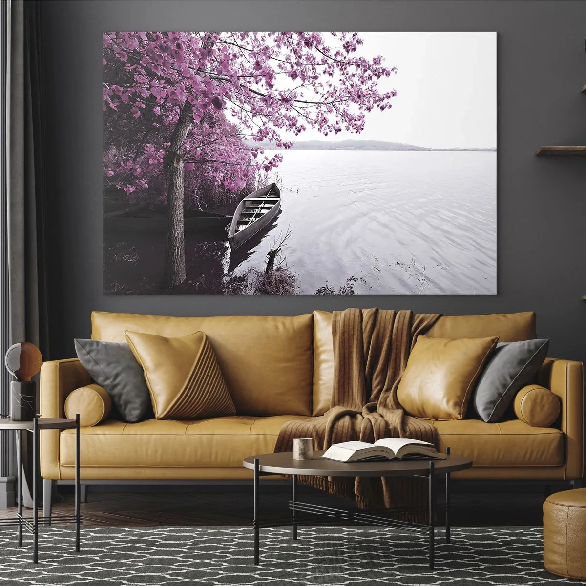 Tablou pe sticlă - O barcă pe țărm cu un copac roz deasupra apei - 70x50cm - În tăcerea roz - Decorațiune modernă pentru perete pentru living și dormitor ARTTOR