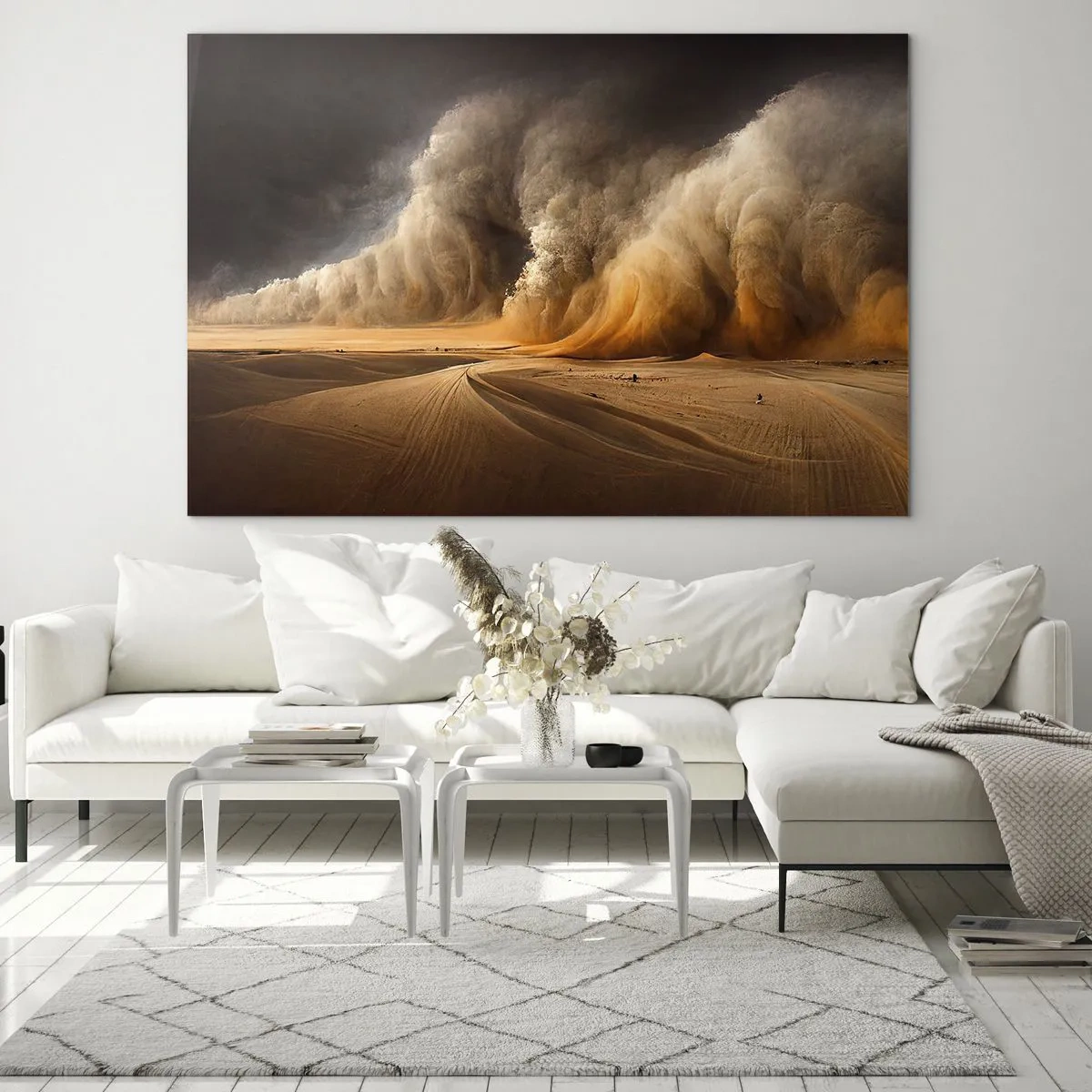 Tablou pe sticlă - O furtună de nisip peste deșert în lumină dramatică - 70x50cm - Mânia deșertului - Decorațiune modernă pentru perete pentru living și dormitor ARTTOR