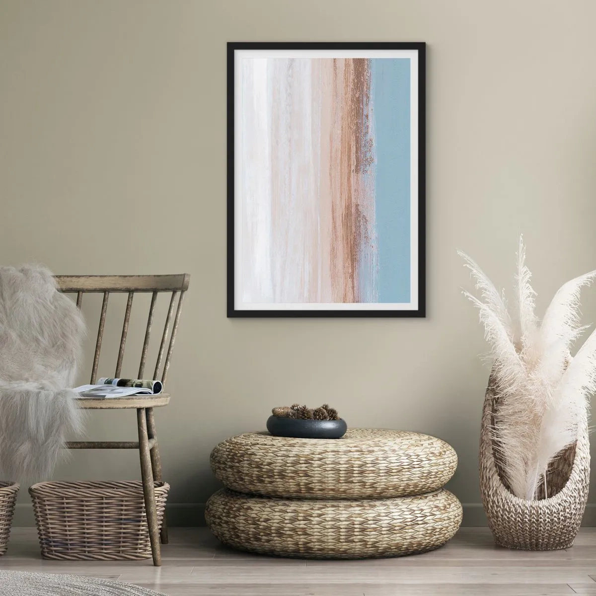 Poster în ramă neagră - Abstracție minimalistă în culorile plajei și mării - 50x70cm - Un peisaj ambiguu - Decorațiune modernă pentru perete pentru living și dormitor ARTTOR