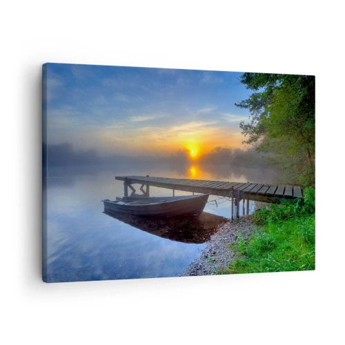 Tablou pe pânză Canvas - Un debarcader pe malul lacului la răsăritul soarelui, cu o barcă la țărm - 70x50cm - Cum se transformă obișnuitul în magic - Decorațiune modernă pentru perete pentru living și dormitor ARTTOR