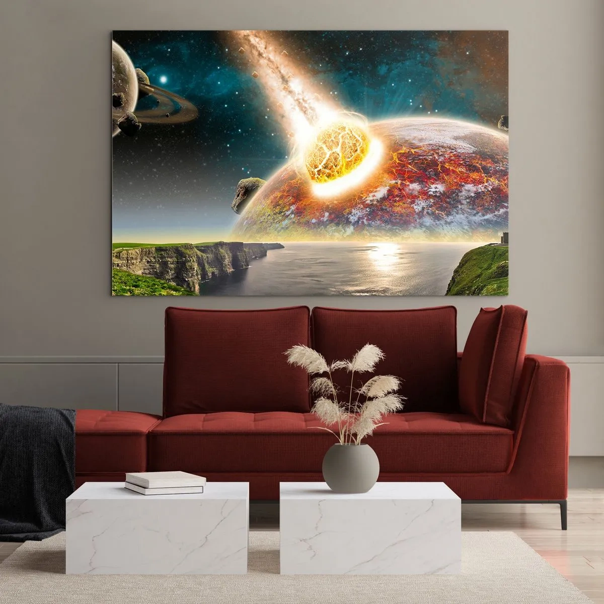 Tablou pe sticlă - Un meteorit se ciocnește cu o planetă în spațiu. - 70x50cm - Drama spațială - Decorațiune modernă pentru perete pentru living și dormitor ARTTOR