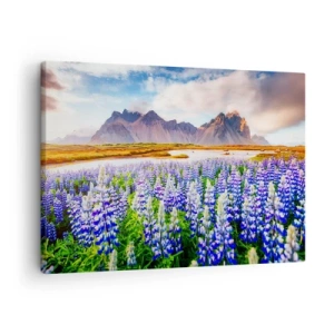 Tablou pe pânză Canvas - Flori într-un peisaj montan cu un cer pitoresc - 70x50cm - Putere și severitate alături de blândețe - Decorațiune modernă pentru perete pentru living și dormitor ARTTOR